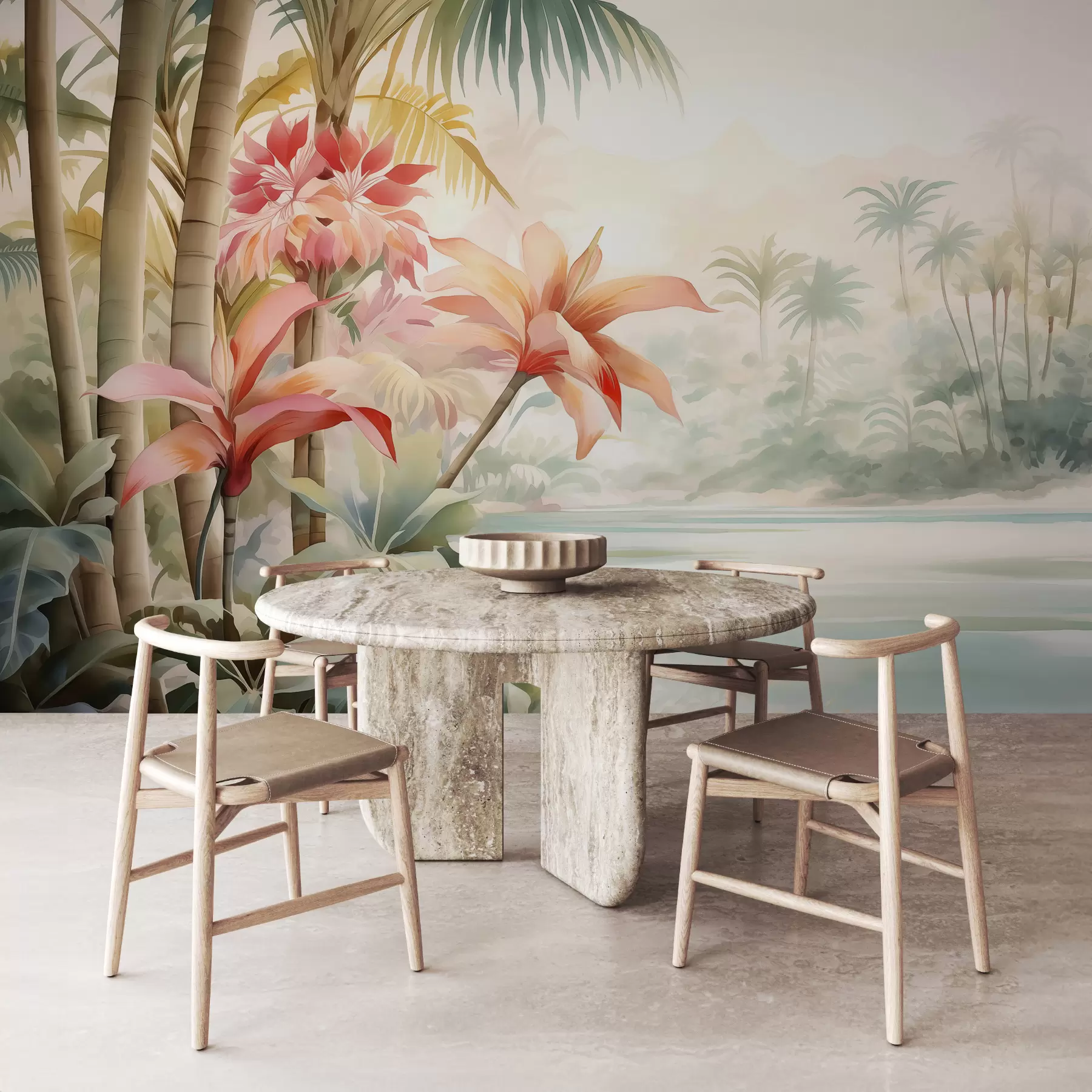 murales de pared Bosque tropical junto al río acuarela w01729