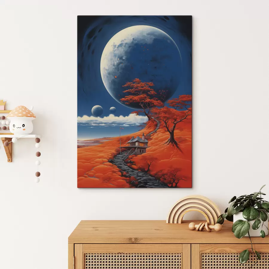 murales de pared Ilustración cósmica, planetas, cielo azul, casa en la colina, árboles s40946