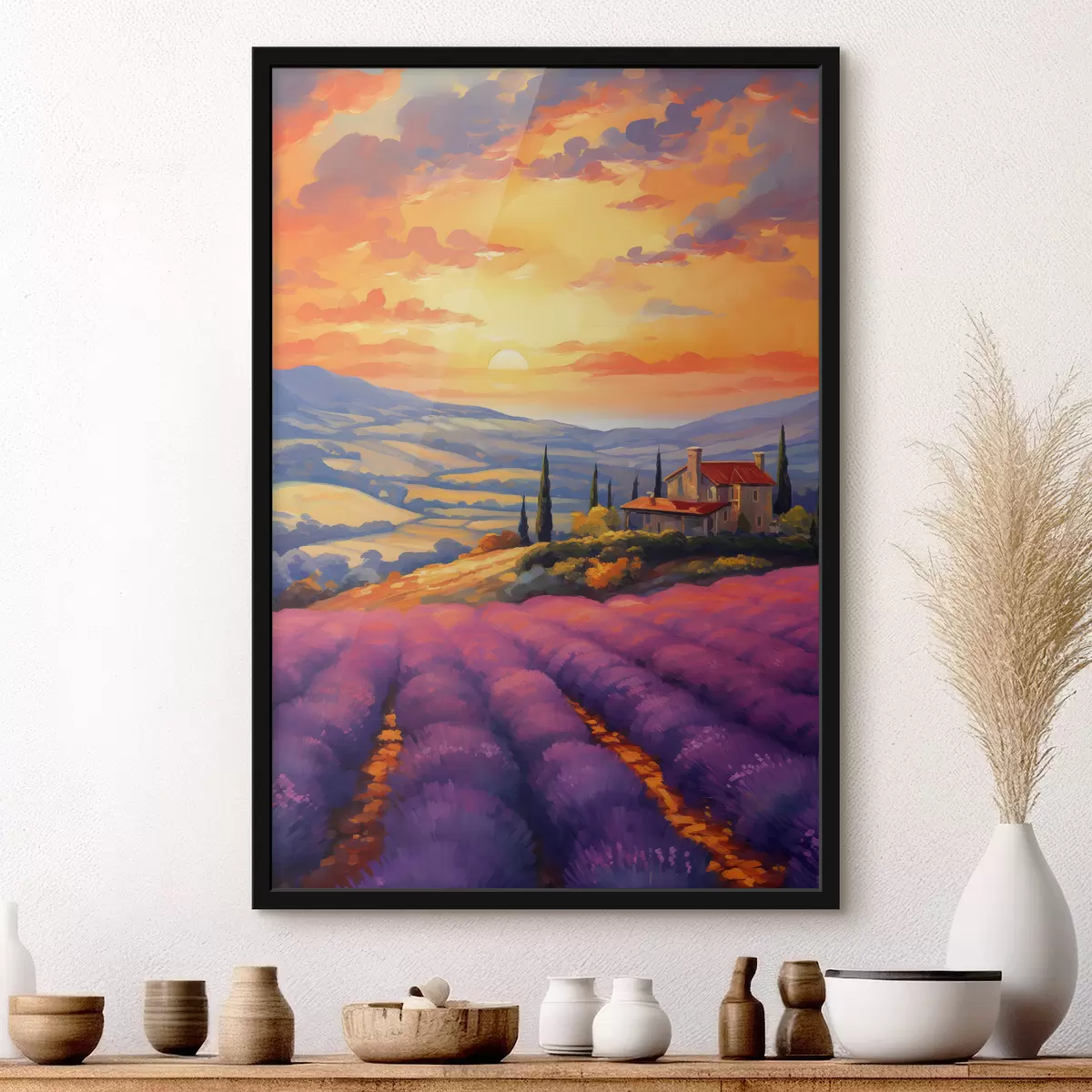 Poster Toscana puesta de sol, campos de lavanda, hermosos paisajes, acuarela f40942