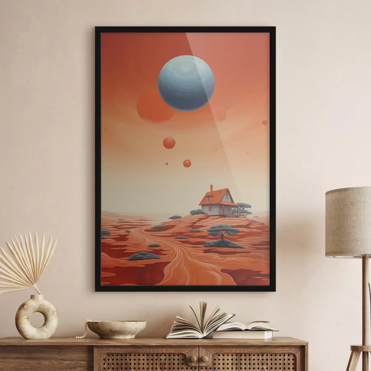Poster Desierto con casa, arte futurista, cósmico, planeta f40944