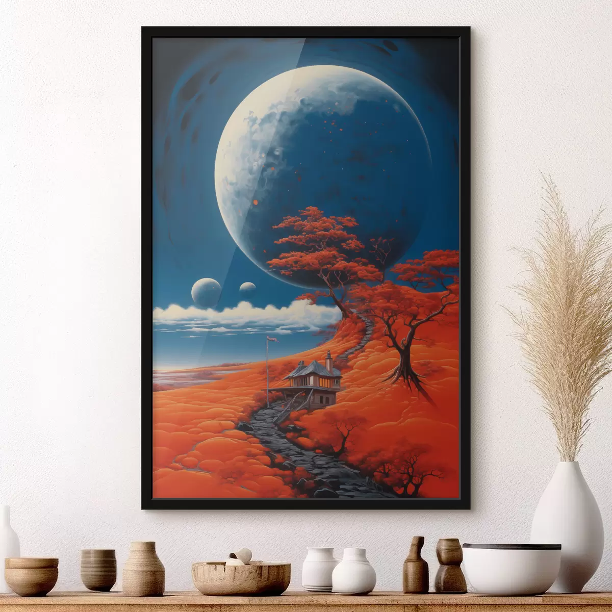 Poster Ilustración cósmica, planetas, cielo azul, casa en la colina, árboles f40946