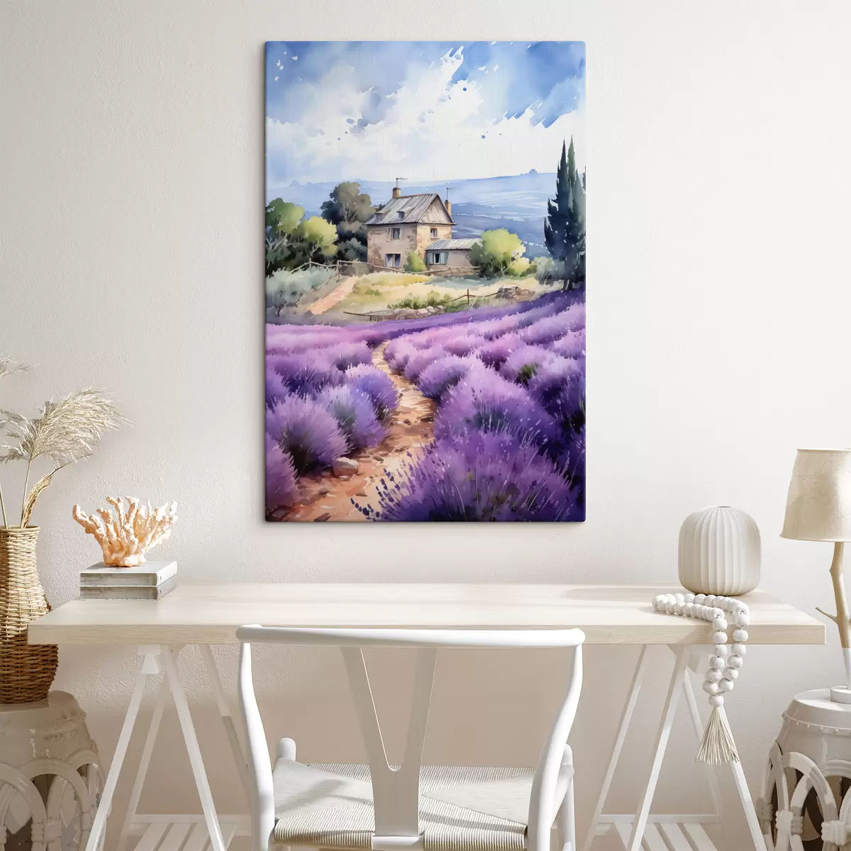 murales de pared Casa de campo con montañas al fondo cerca de un campo de lavanda s41012