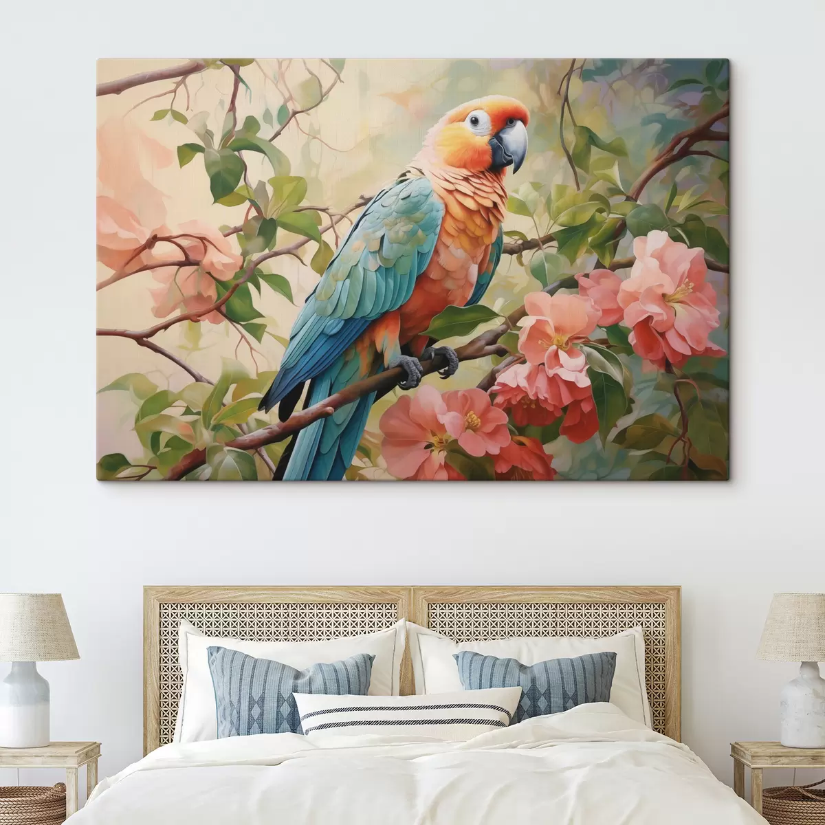 murales de pared Guacamayo sentado en una rama con flores rosas s41018