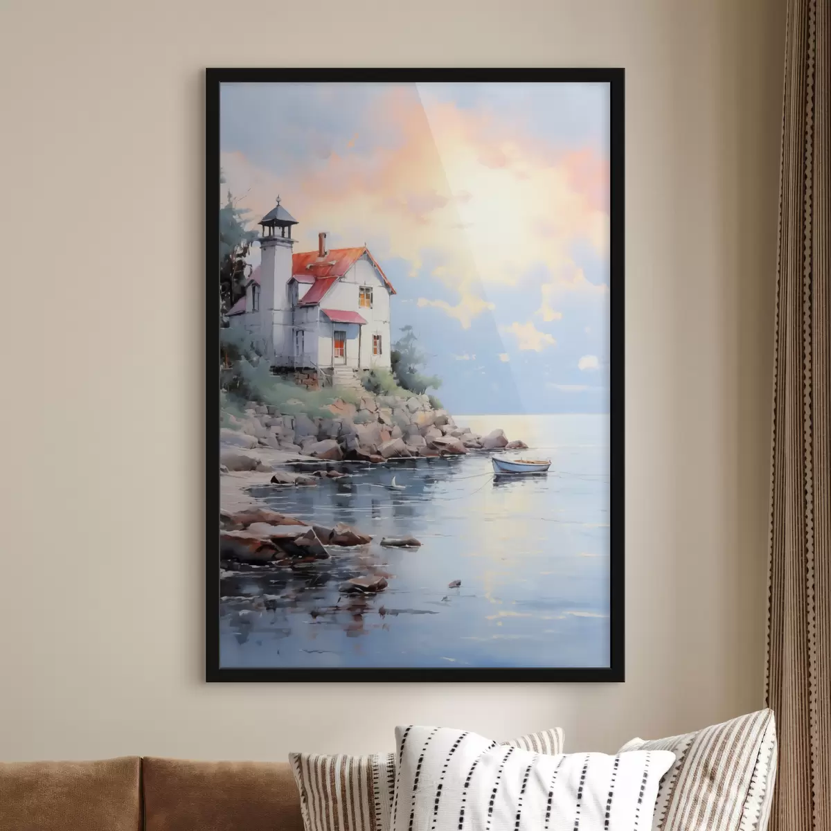 Poster Casa en la playa junto al mar al atardecer f41010