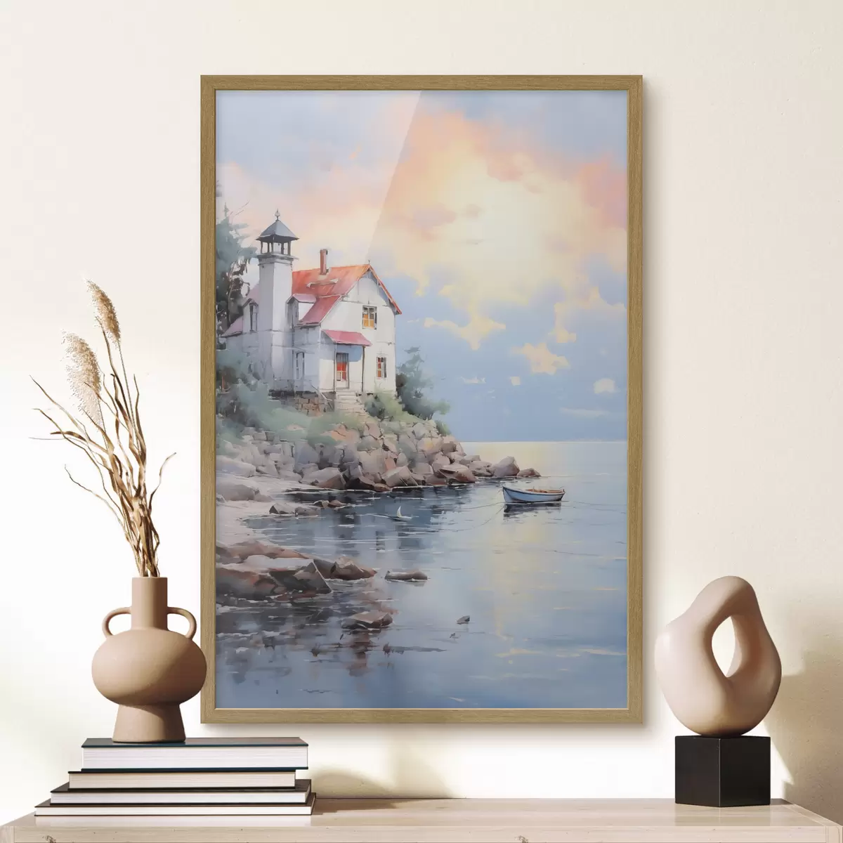 Poster Casa en la playa junto al mar al atardecer f41010