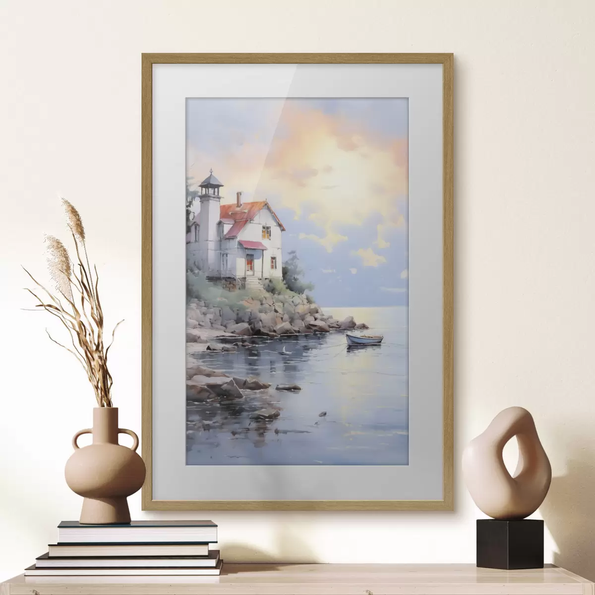 Poster Casa en la playa junto al mar al atardecer f41010