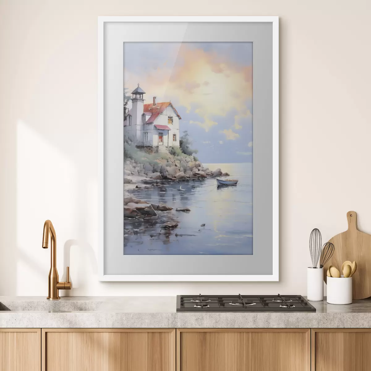 Poster Casa en la playa junto al mar al atardecer f41010