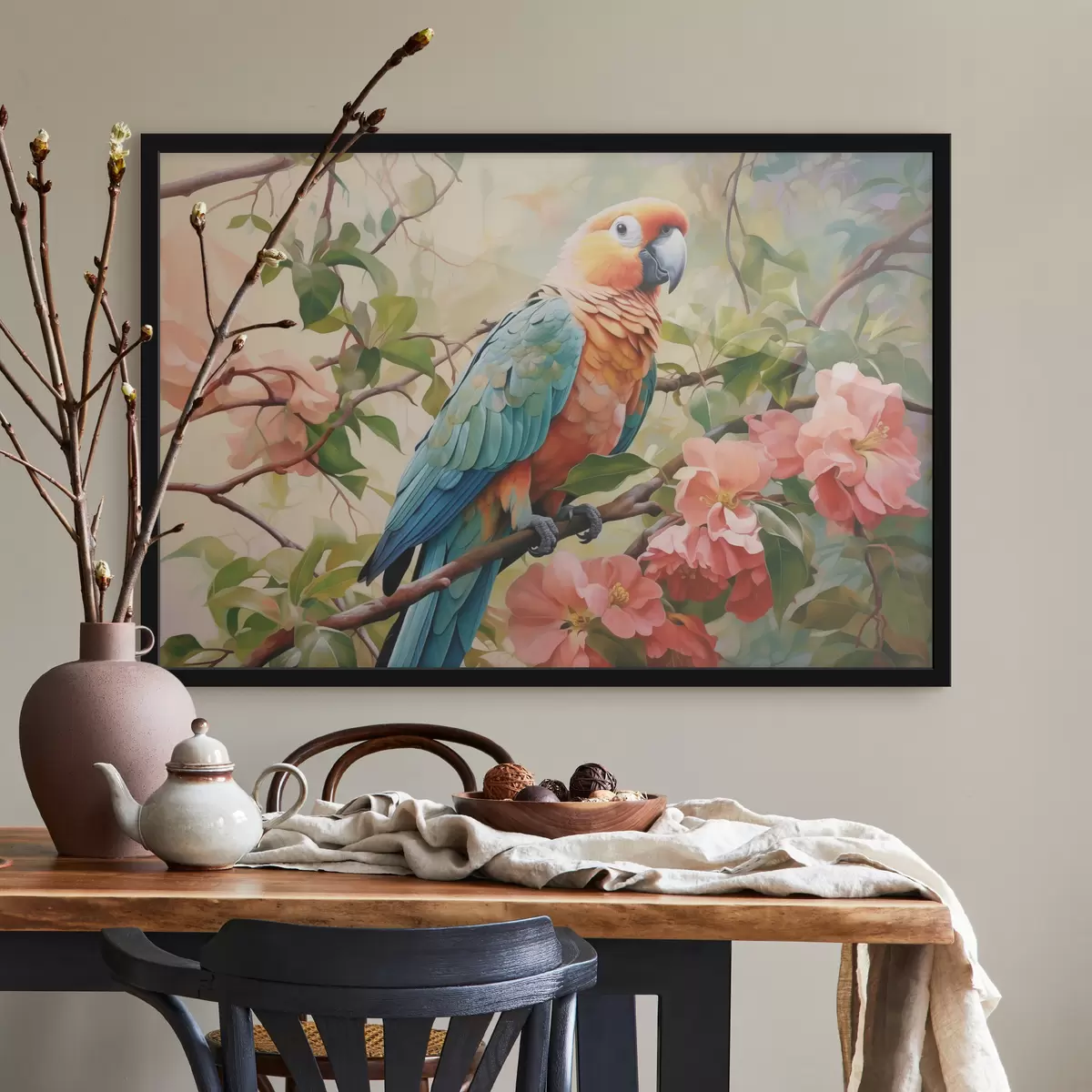 Poster Guacamayo sentado en una rama con flores rosas f41018