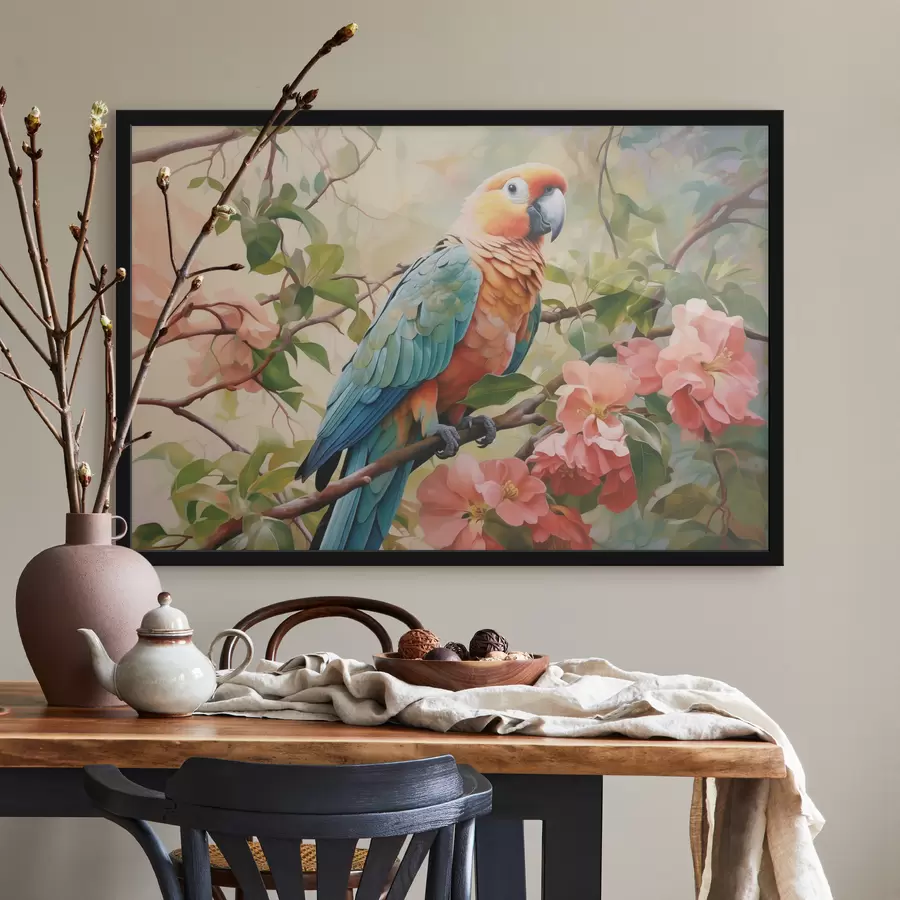 murales de pared Guacamayo sentado en una rama con flores rosas f41018