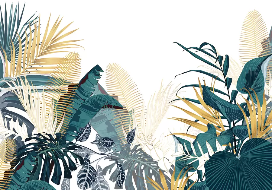murales de pared Un exuberante follaje verde tropical, que incluye hojas de palmera, helechos y otras plantas exóticas de colores verde oscuro y naranja w08338