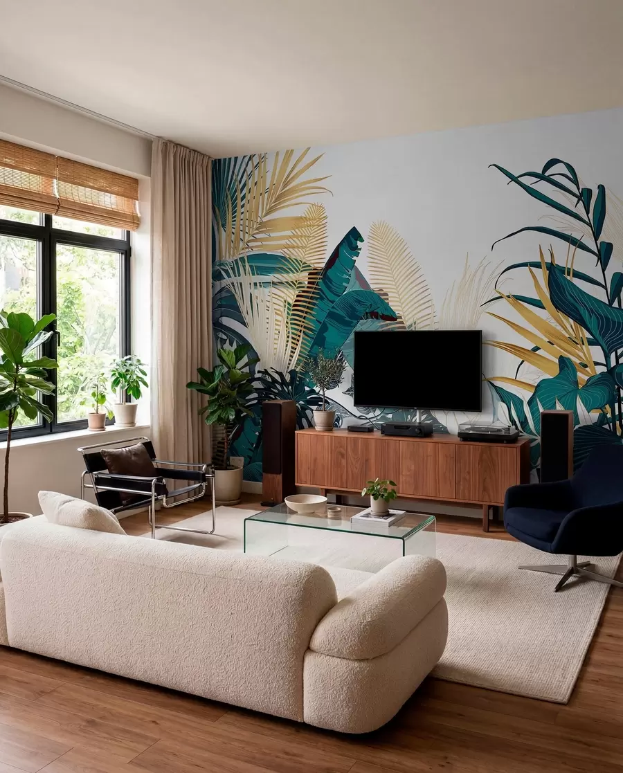murales de pared Un exuberante follaje verde tropical, que incluye hojas de palmera, helechos y otras plantas exóticas de colores verde oscuro y naranja w08338