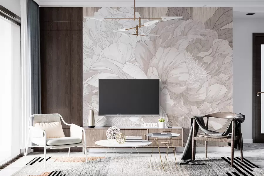murales de pared Grandes flores de peonía texturizadas en tonos beige w01141