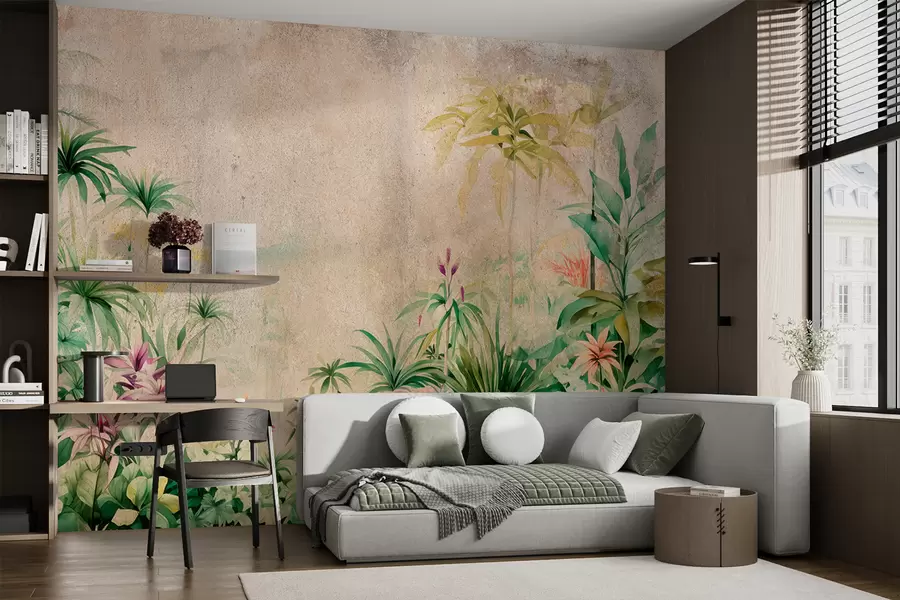 murales de pared Selva, acuarela, palmeras, floral, fondo beige  w01788