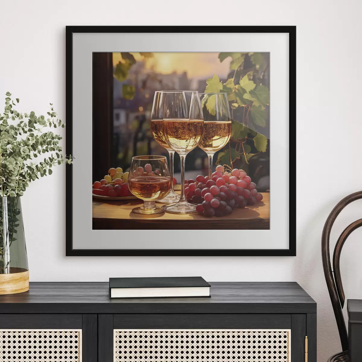 Poster copas con vino, uvas en la mesa, bodegón f41104