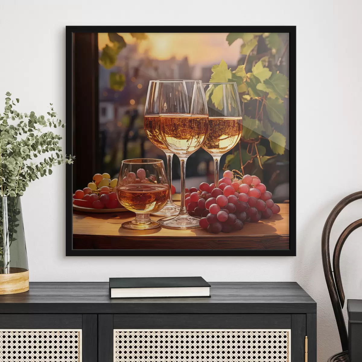 Poster copas con vino, uvas en la mesa, bodegón f41104