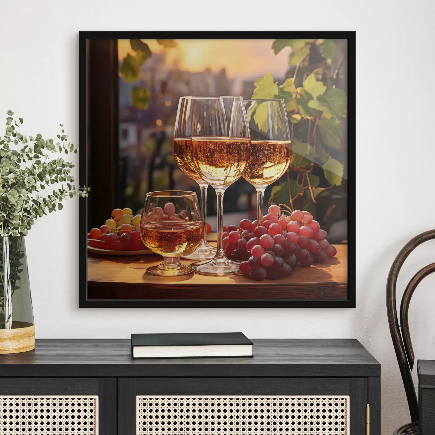 murales de pared copas con vino, uvas en la mesa, bodegón f41104