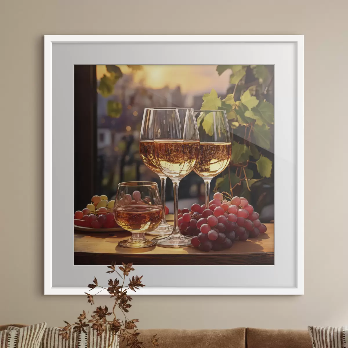 Poster copas con vino, uvas en la mesa, bodegón f41104