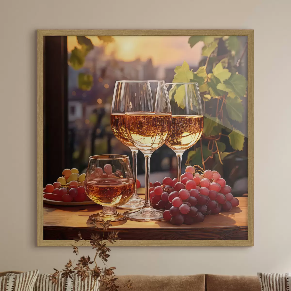 Poster copas con vino, uvas en la mesa, bodegón f41104