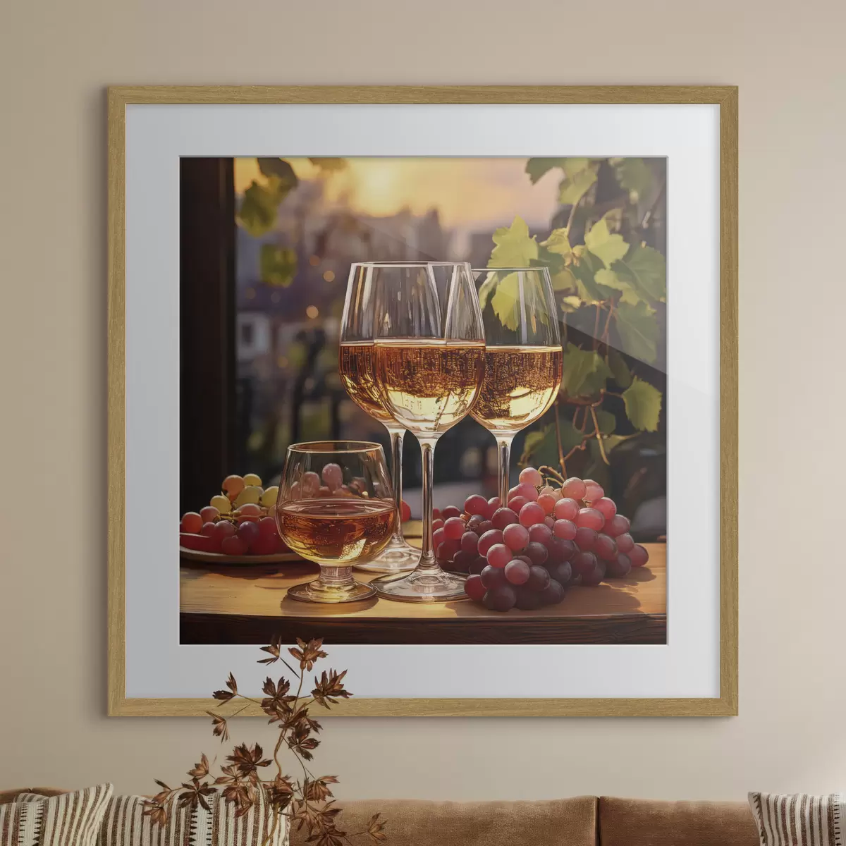 Poster copas con vino, uvas en la mesa, bodegón f41104