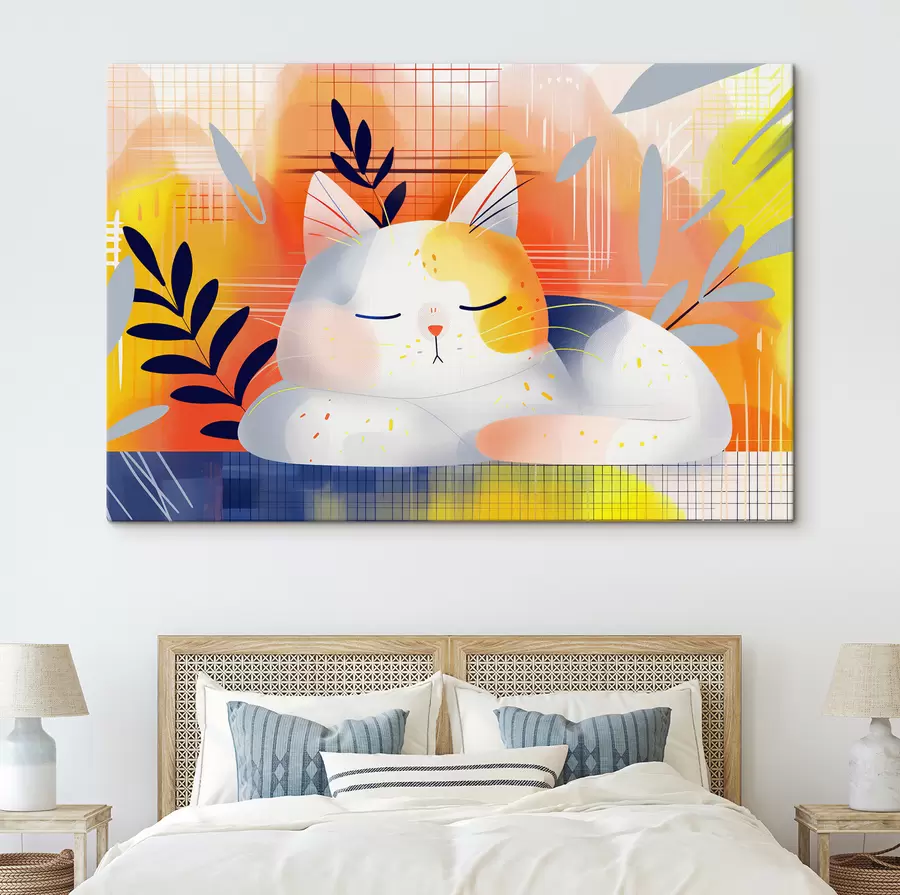 murales de pared Un simpático gato durmiendo entre plantas en estilo gráfico s40956