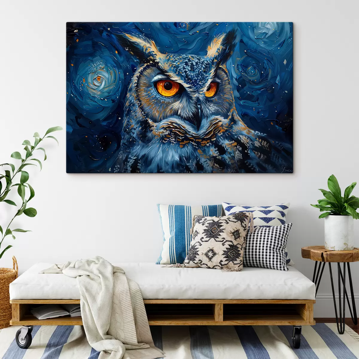 murales de pared La mirada de un búho en la noche con un cielo a lo Van Gogh s40982