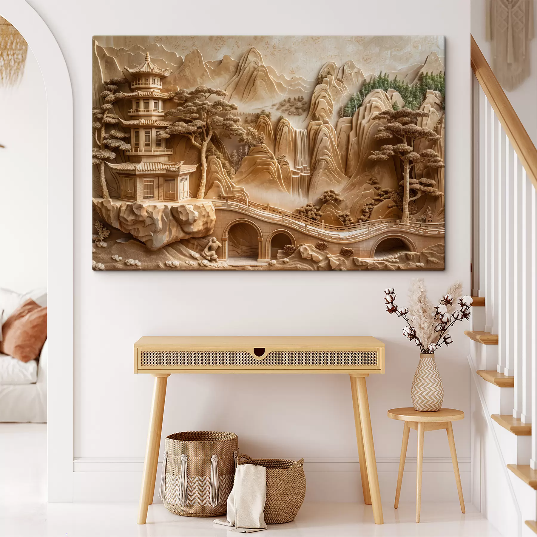 murales de pared Imitación de bajorrelieve: montañas con árboles, un puente y un templo, de varias capas s40989