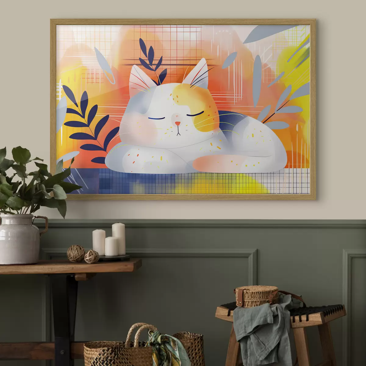 Poster Un simpático gato durmiendo entre plantas en estilo gráfico f40956