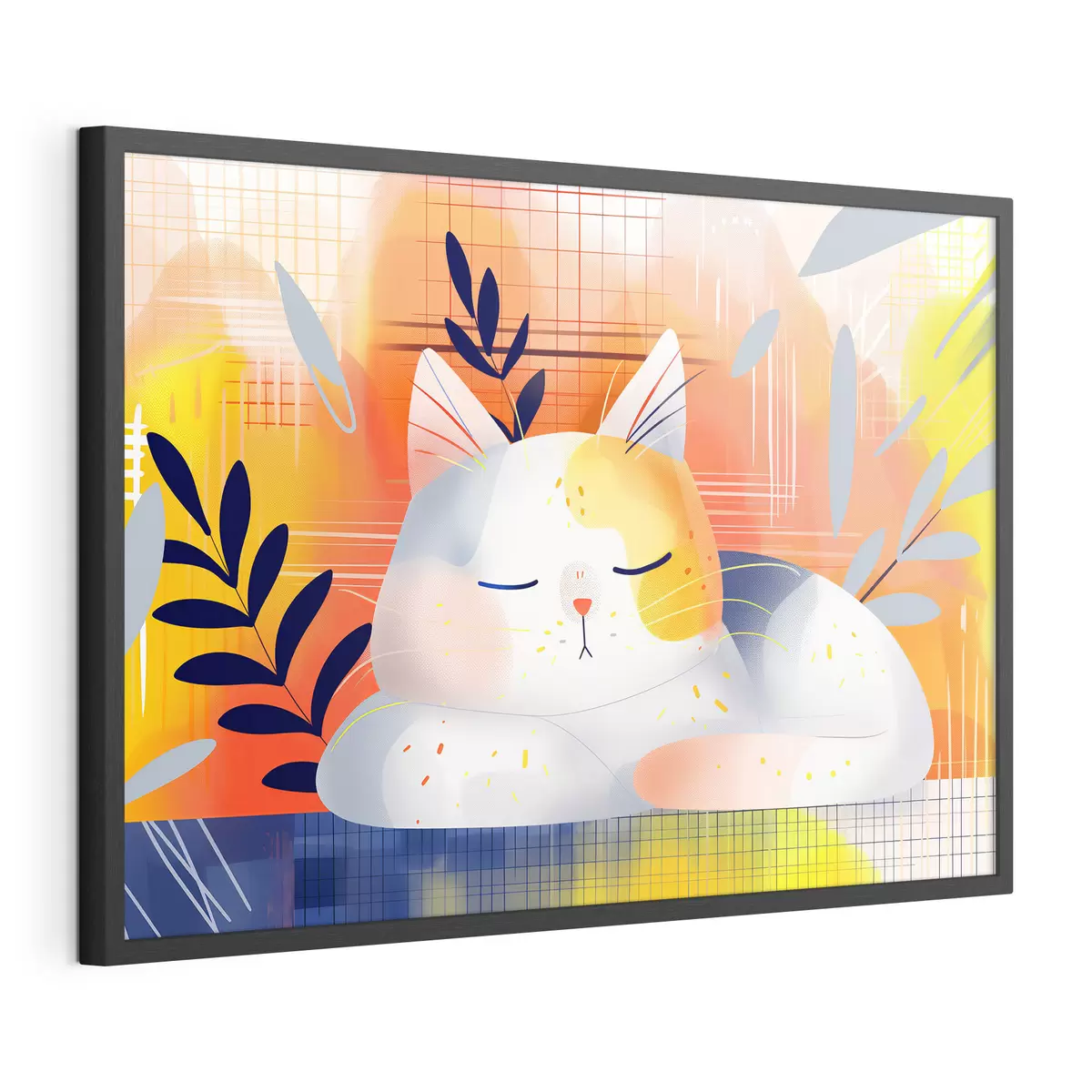 Poster Un simpático gato durmiendo entre plantas en estilo gráfico f40956