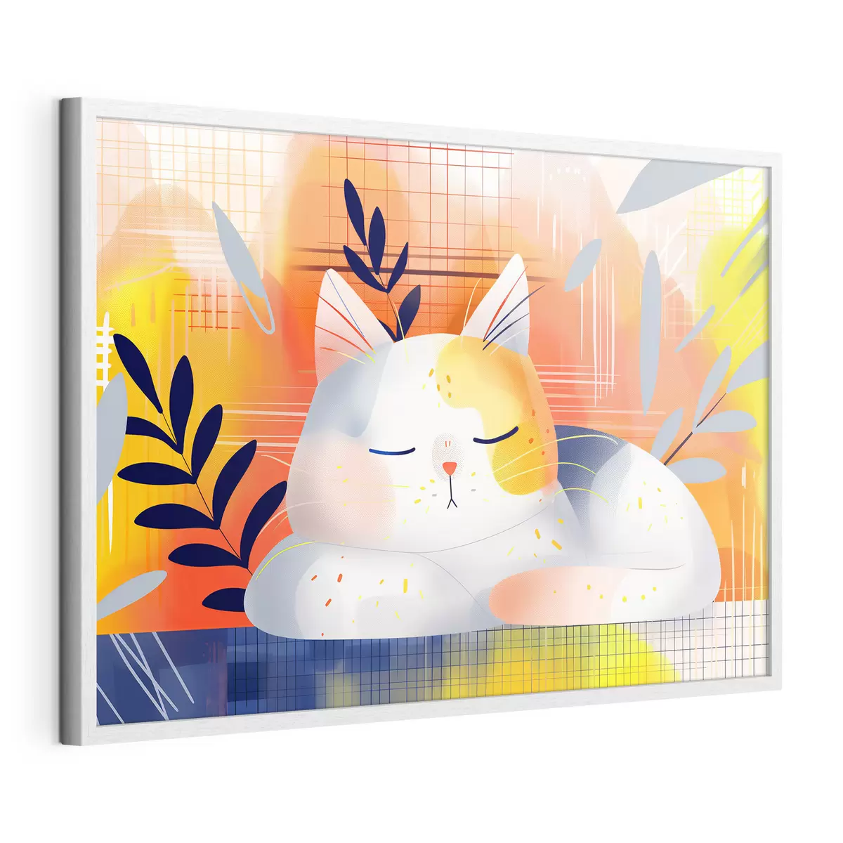 Poster Un simpático gato durmiendo entre plantas en estilo gráfico f40956