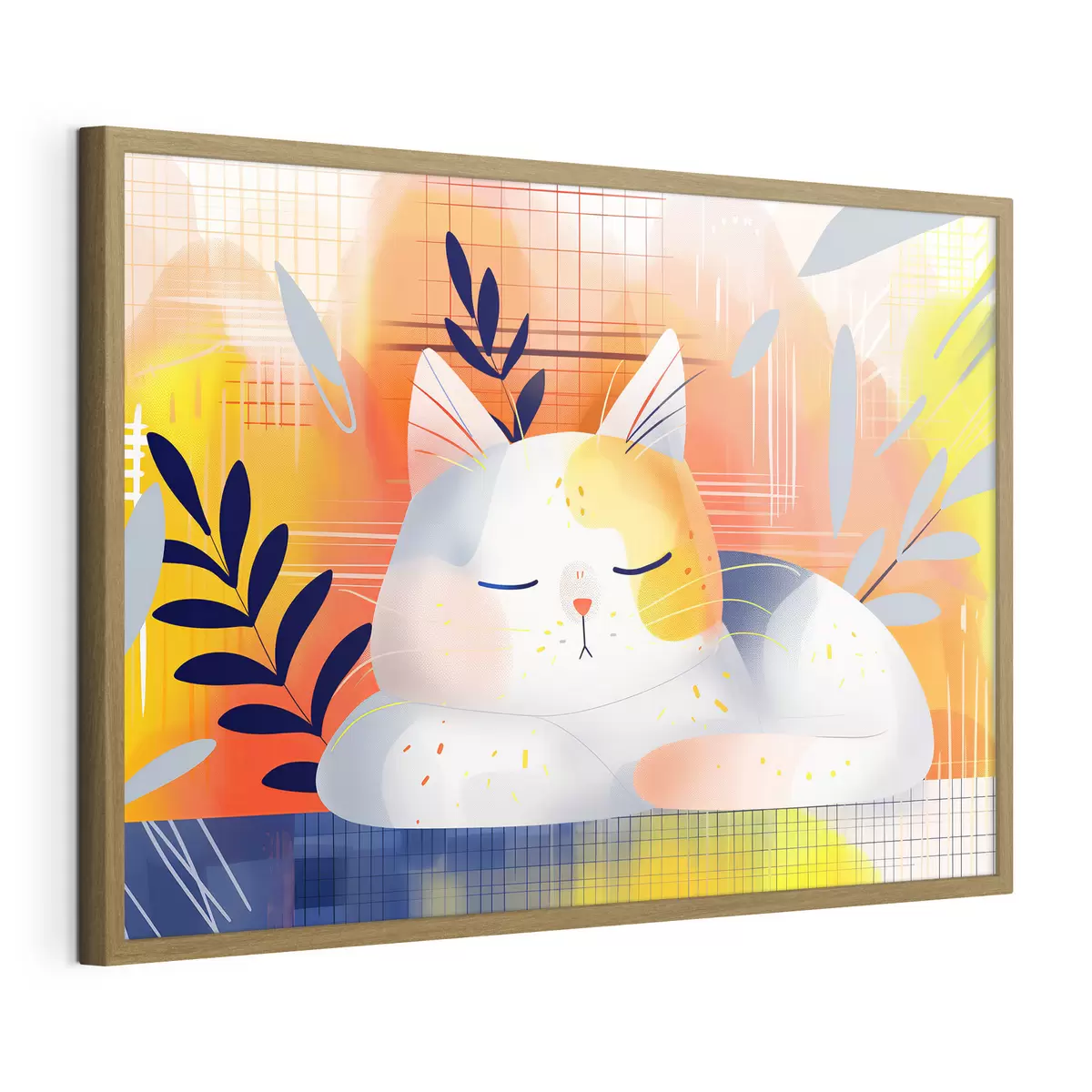 Poster Un simpático gato durmiendo entre plantas en estilo gráfico f40956