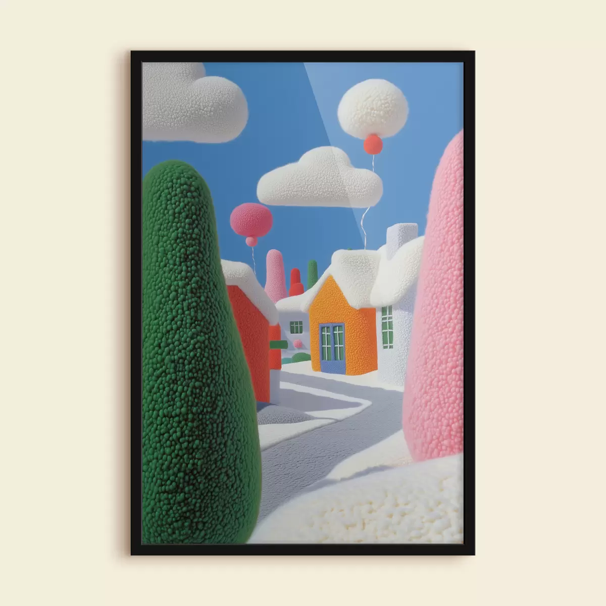 Poster Una calle con nubes y globos de fieltro f40970