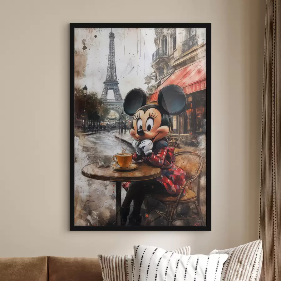 murales de pared Chica Mickey Mouse bebiendo café contra la Torre Eiffel en París f40972