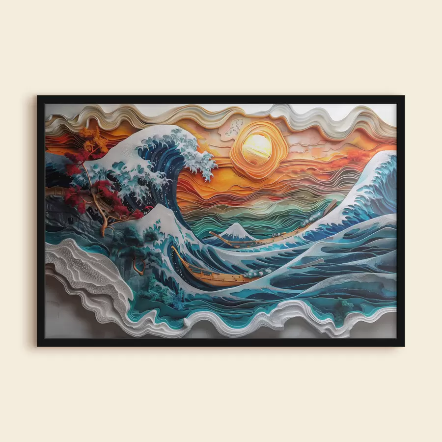 murales de pared Imitación de bajorrelieve: un océano embravecido con barcos y el sol f40976