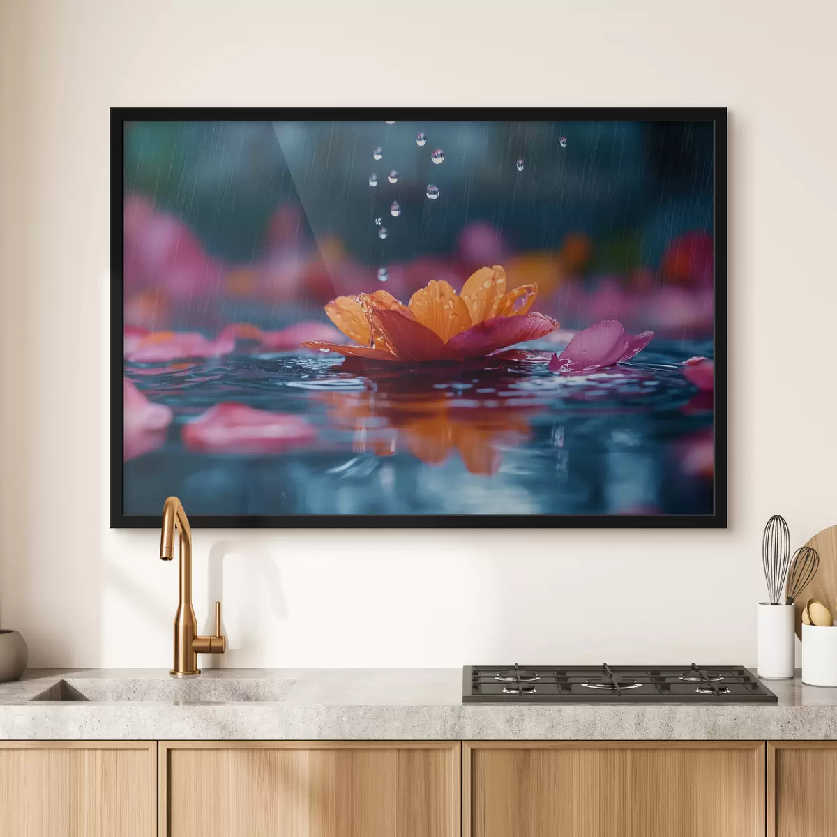 Poster Un nenúfar con gotas de lluvia f40977