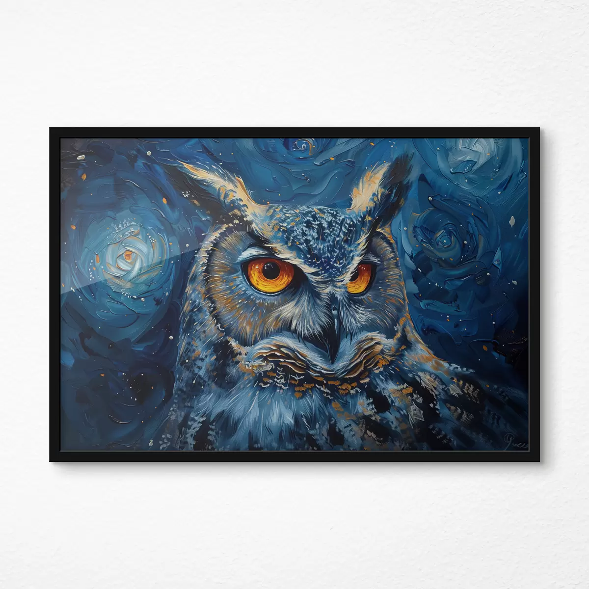 Poster La mirada de un búho en la noche con un cielo a lo Van Gogh f40982