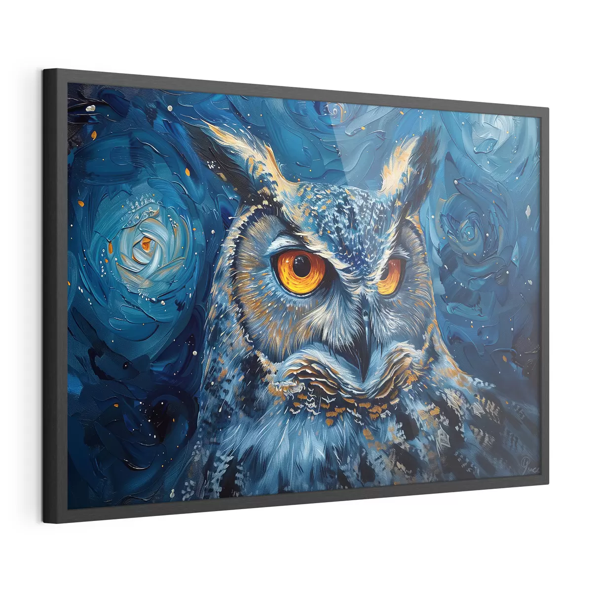 Poster La mirada de un búho en la noche con un cielo a lo Van Gogh f40982