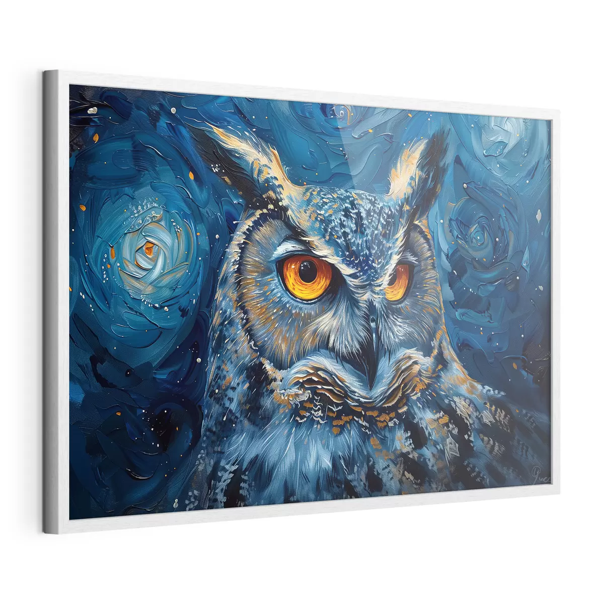Poster La mirada de un búho en la noche con un cielo a lo Van Gogh f40982