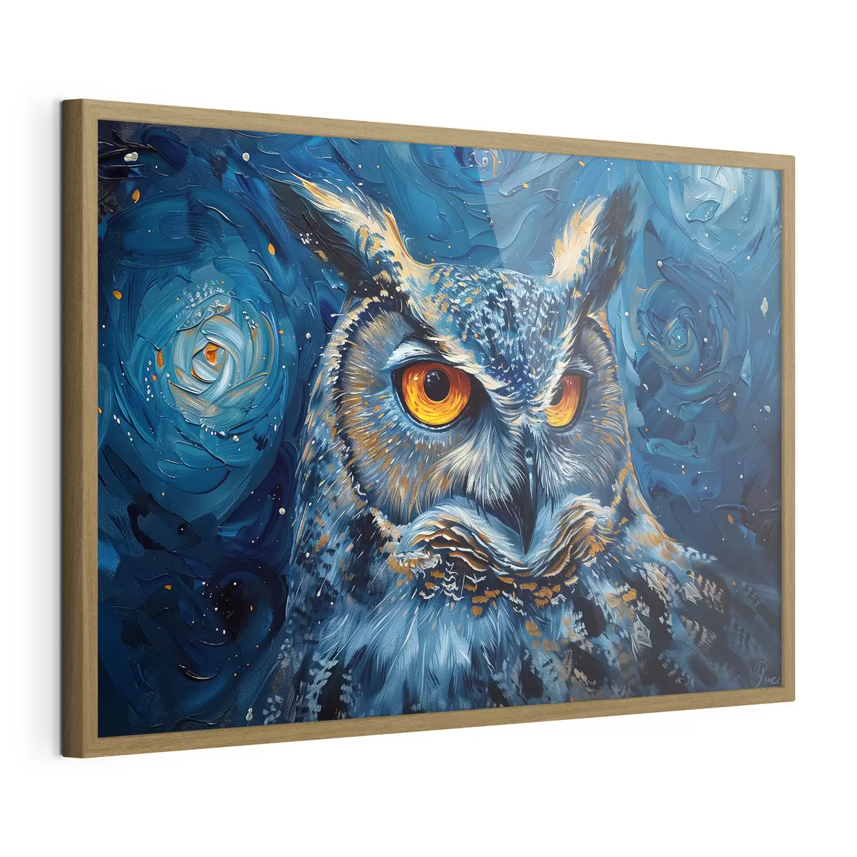 Poster La mirada de un búho en la noche con un cielo a lo Van Gogh f40982