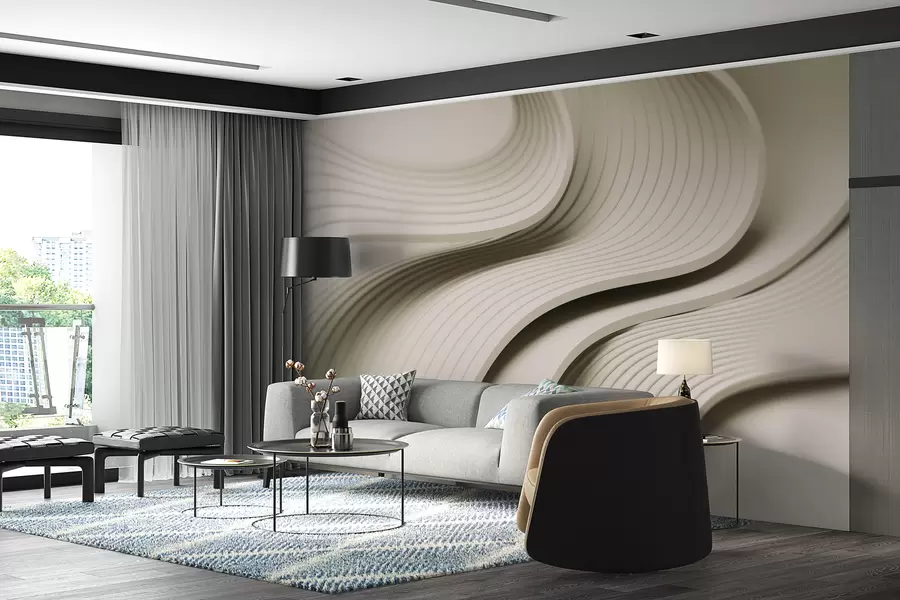 murales de pared Elegantes ondas voluminosas en estilo 3D en tonos beige w01147v2