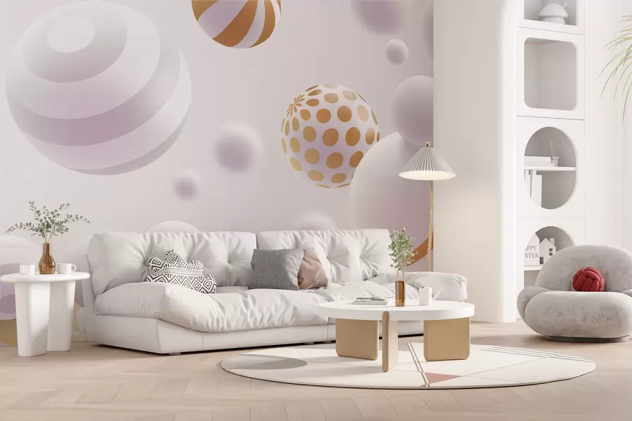 murales de pared Esferas volantes volumétricas de estilo 3D en tonos grises claros con toques naranjas w01148