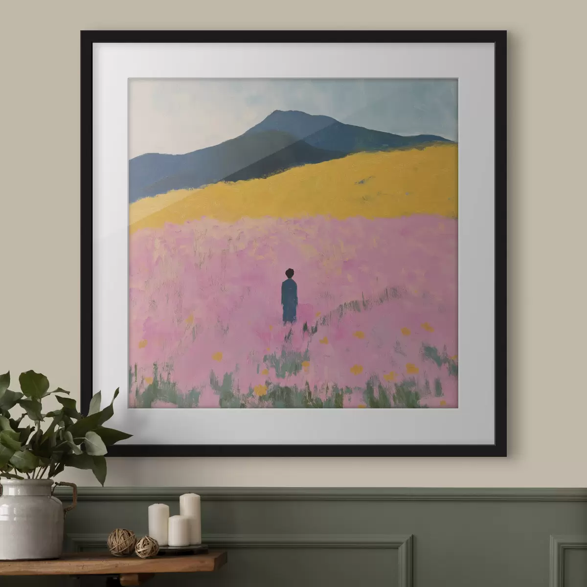 Poster Un hombre en un campo con flores rosas f41164
