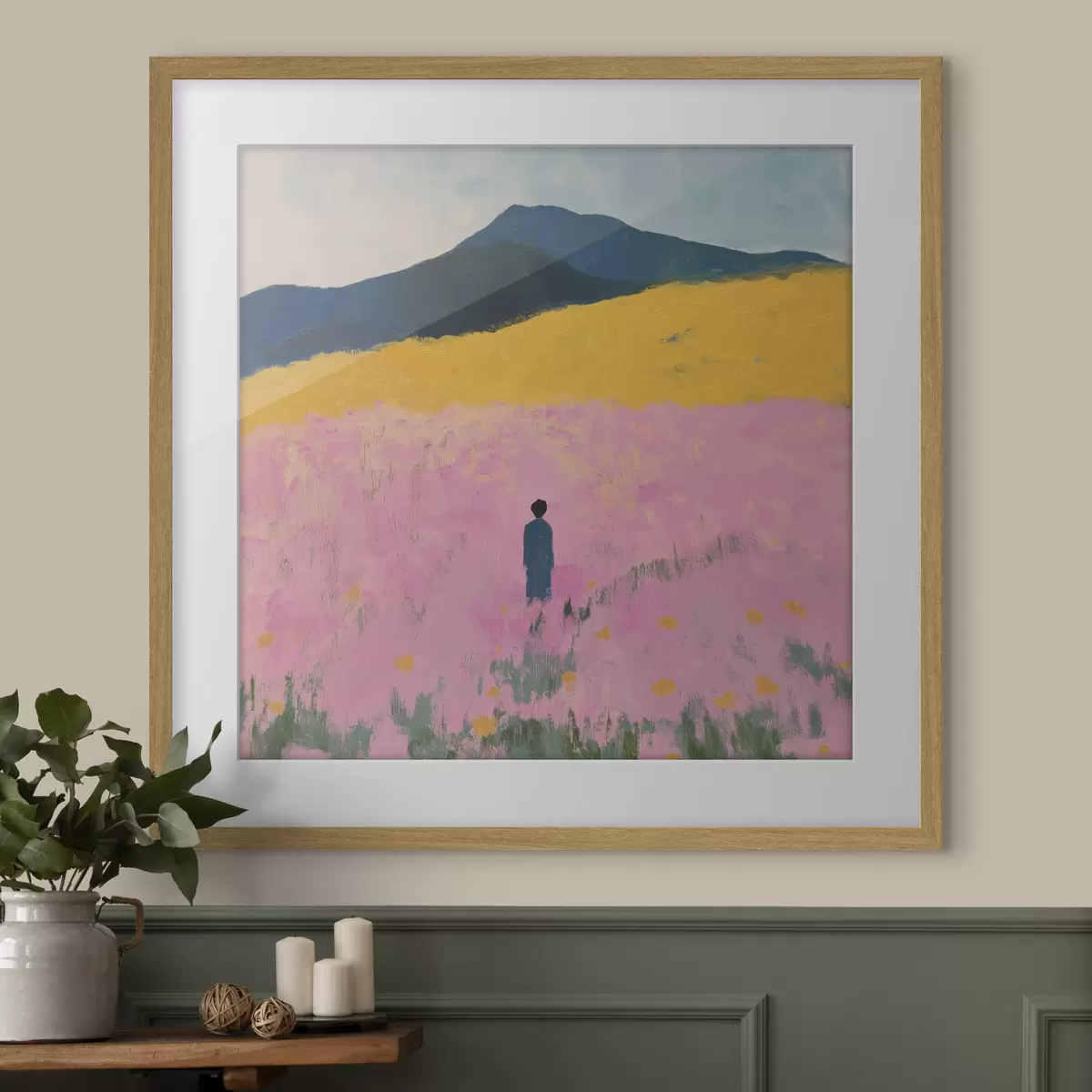 Poster Un hombre en un campo con flores rosas f41164