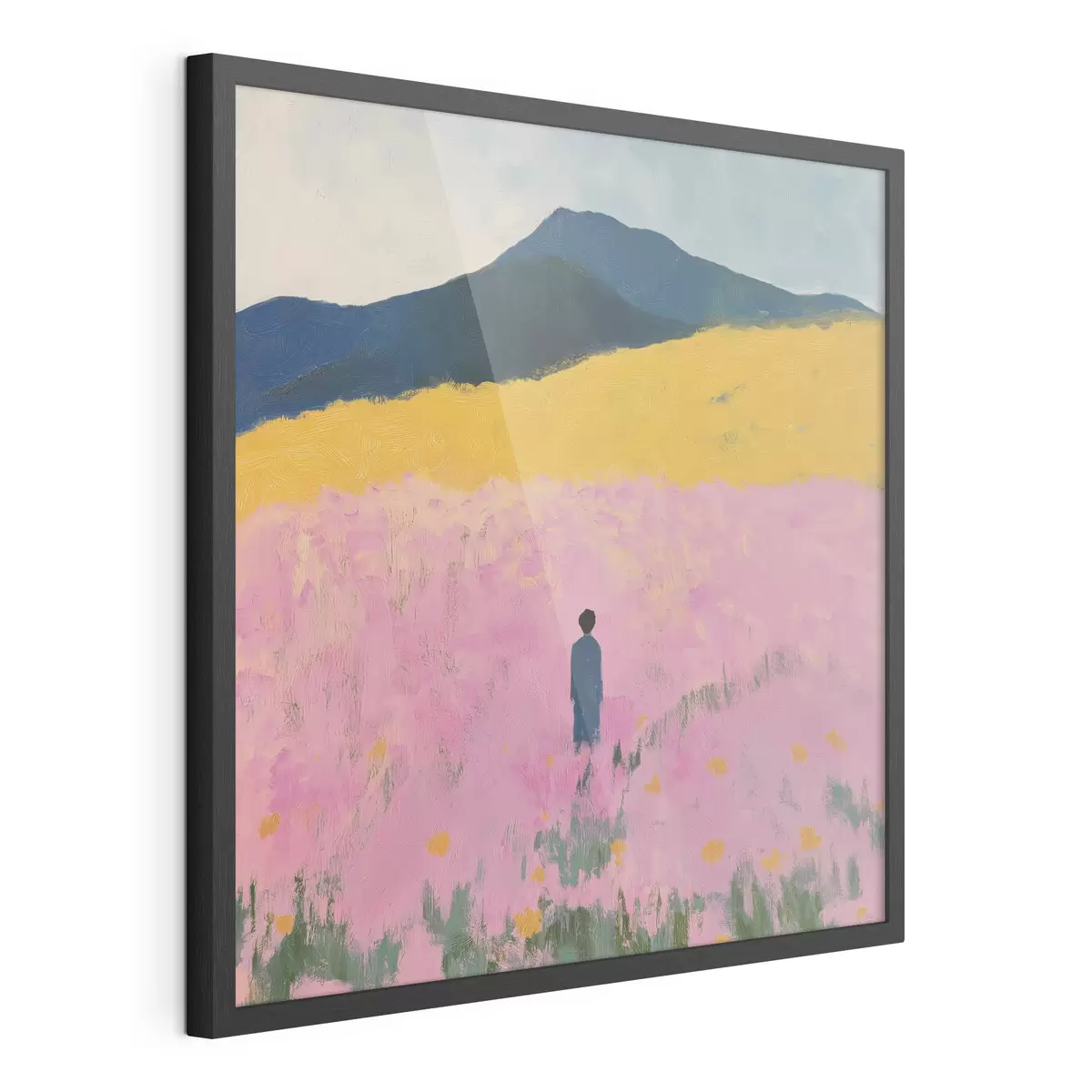 Poster Un hombre en un campo con flores rosas f41164