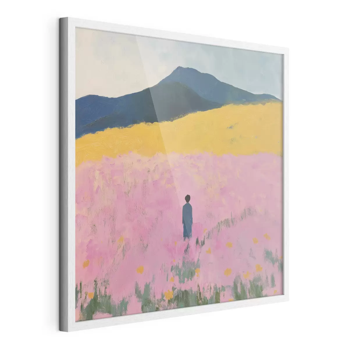 Poster Un hombre en un campo con flores rosas f41164