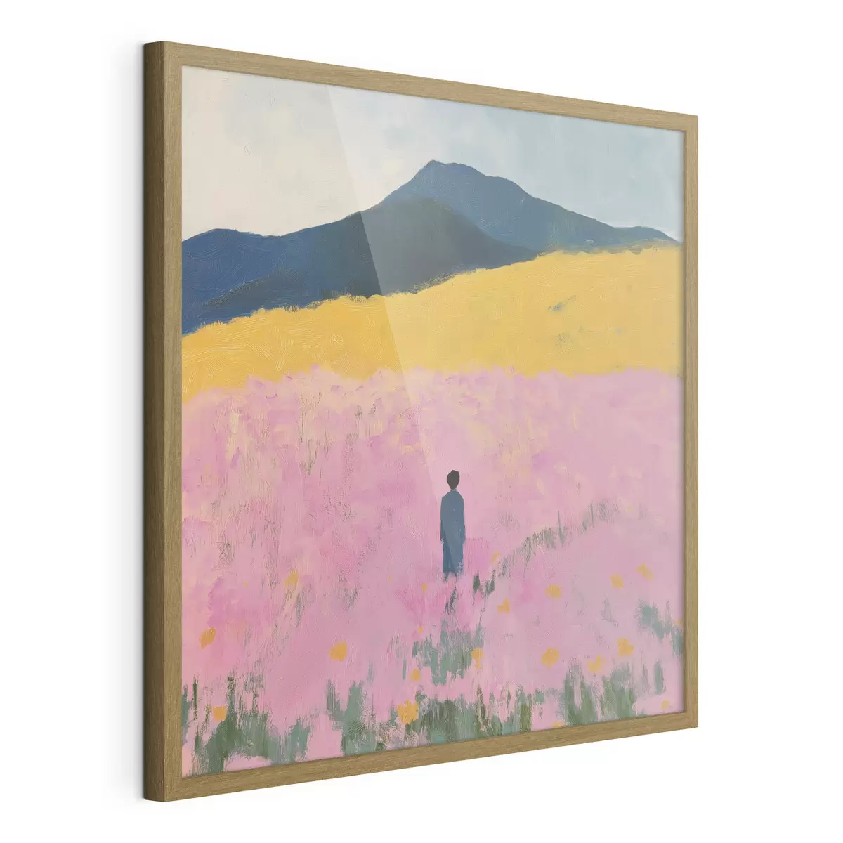 Poster Un hombre en un campo con flores rosas f41164