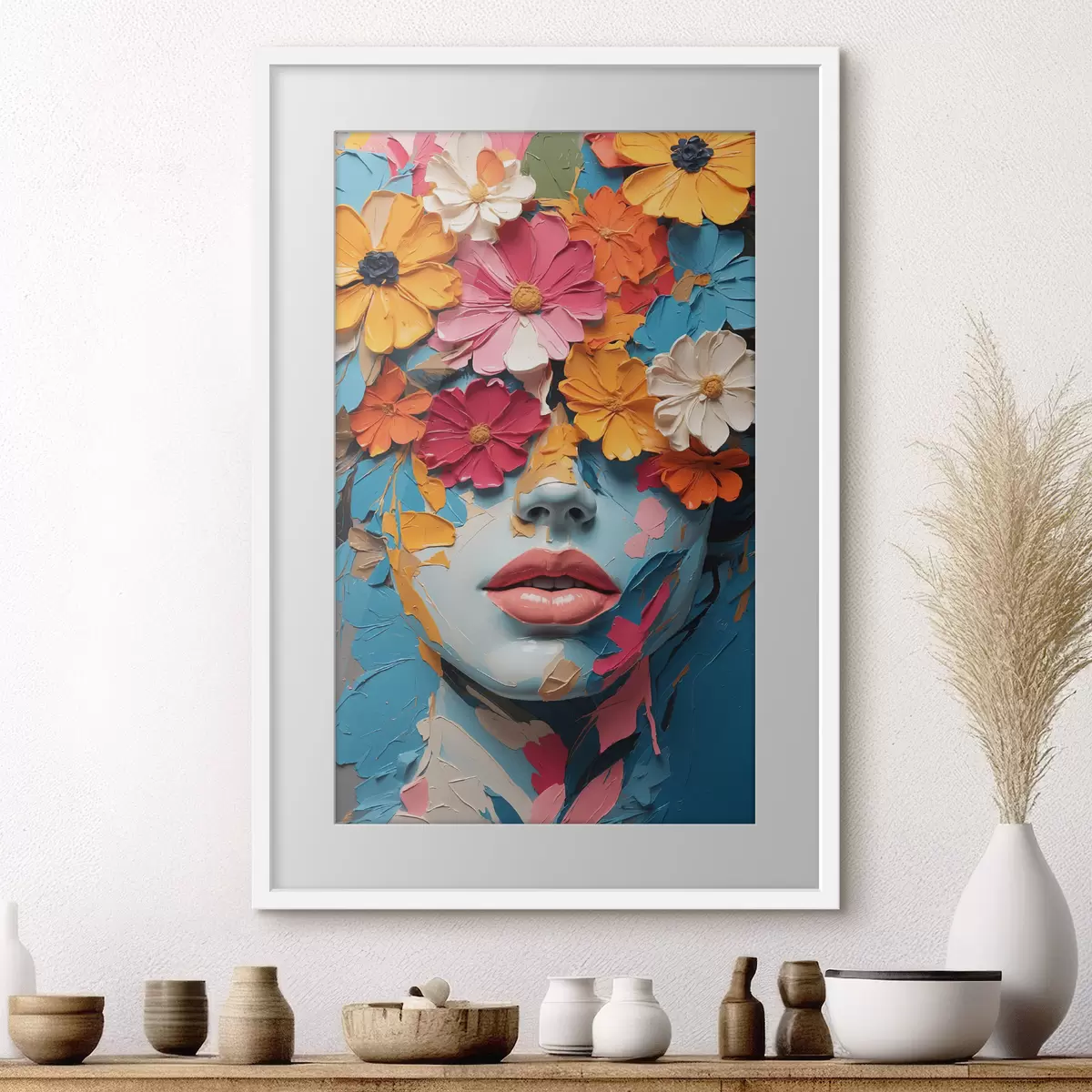 Poster Rostro de niña al óleo cubierto de flores f41023