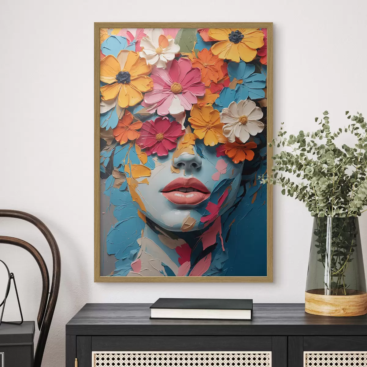 Poster Rostro de niña al óleo cubierto de flores f41023