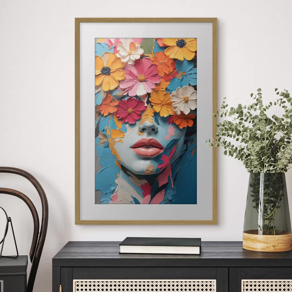 Poster Rostro de niña al óleo cubierto de flores f41023
