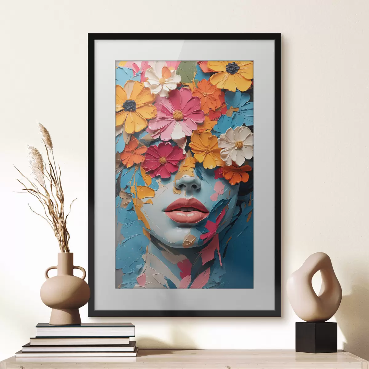 Poster Rostro de niña al óleo cubierto de flores f41023