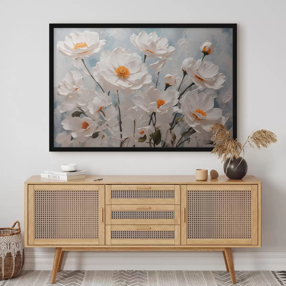 Poster Flores blancas sobre fondo azul-blanco al óleo f41041